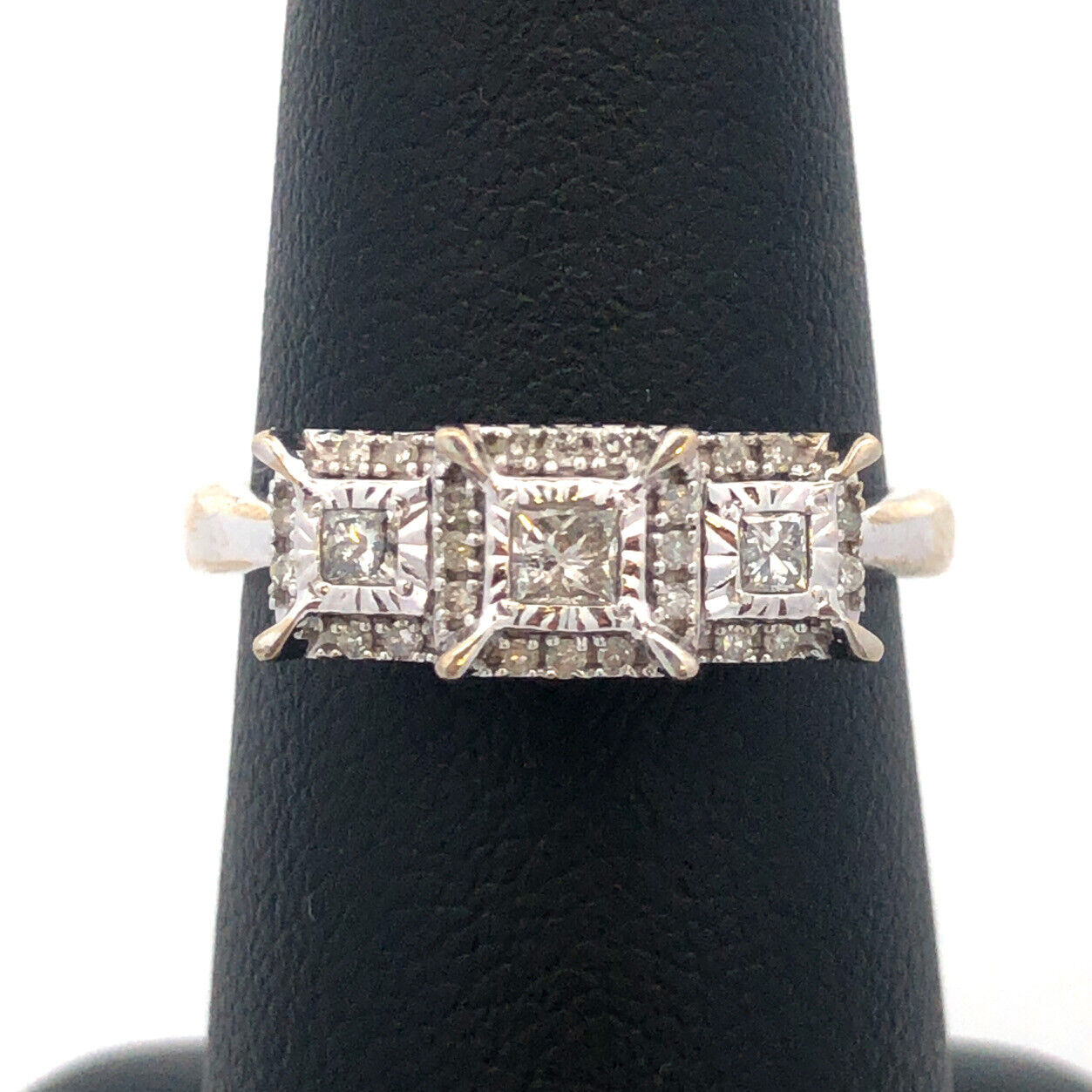 ZEI 10K White Gold Princess Cut Trio Halo Accents Diamond Engagement Bridal Ring