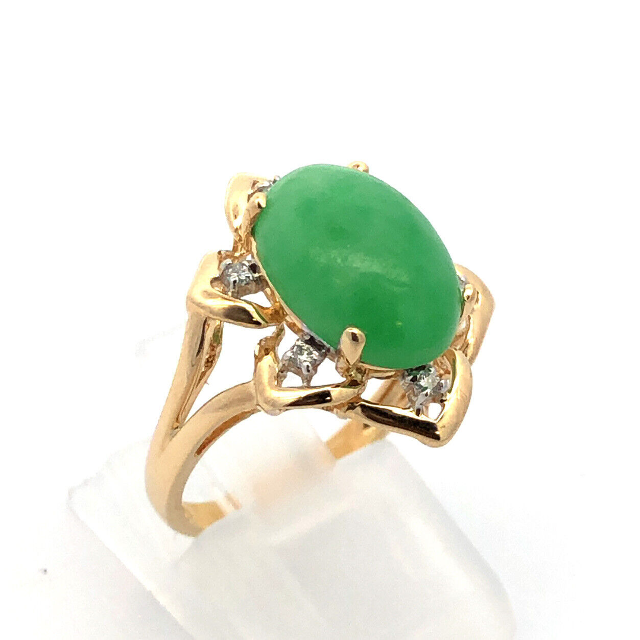 Designer 14K Yellow Gold Oval Jade Cabochon Diamond Accent Cocktail Ring