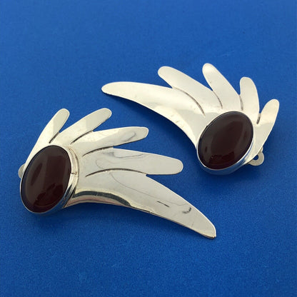 Allen Paula Boyd Sterling Silver 925 Cabochon Carnelian Winged Clip-On Earrings