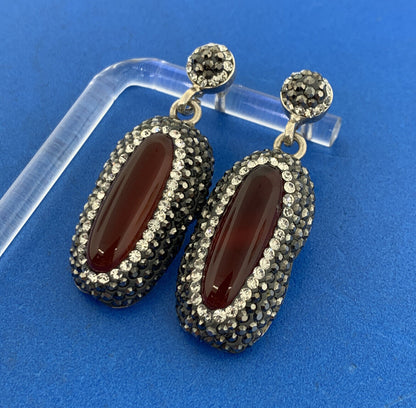 Art Deco 925 Sterling Silver Carnelian Crystal Marcasite Drop Dangle Earrings