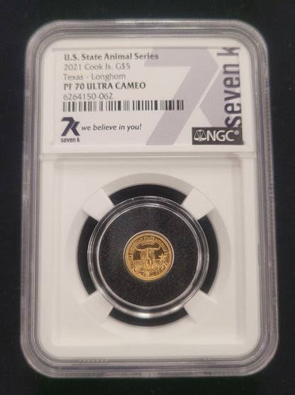 2021 $5 Cook Islands NGC PF70 Proof Ultra Cameo 1/2g .999 Gold Texas Longhorn
