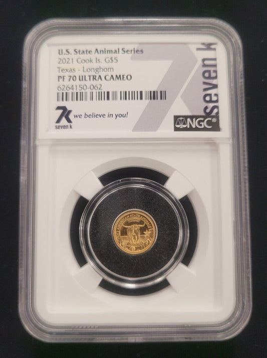 2021 $5 Cook Islands NGC PF70 Proof Ultra Cameo 1/2g .999 Gold Texas Longhorn