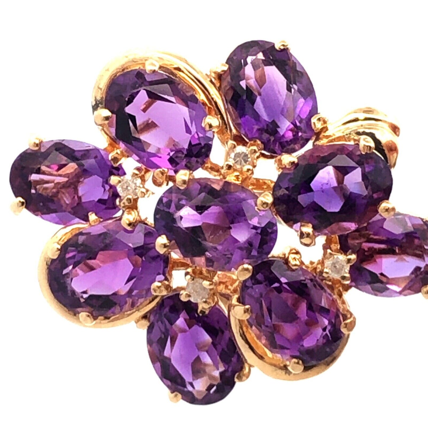 Designer 14K Yellow Gold Lab Created Oval Amethyst Diamond Cluster Cocktail Ring