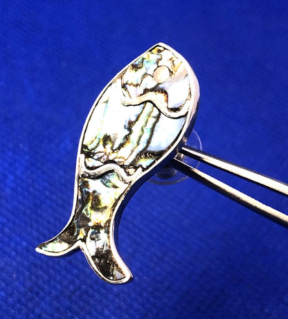 Taxco Mexico 925 Sterling Silver Abalone Inlay Fish Statement Stud Earrings