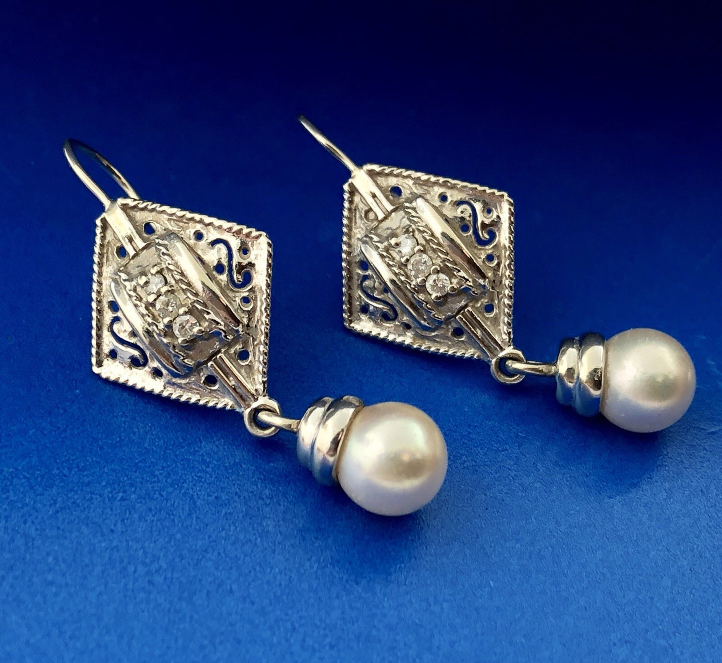 Art Deco 14K White Gold Pearl Diamond Filigree Drop Dangle French Hook Earrings
