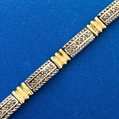 Estate CI 925 Sterling Silver Vermeil Two Tone Diamond Bar Panel Tennis Bracelet