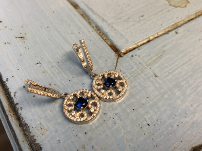 Elegant Sam & Co Sterling Silver 925 Blue Sapphire Diamond Drop Dangle Earrings
