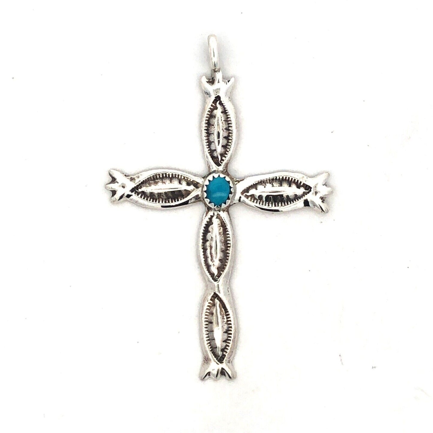 925 Sterling Silver Vintage Native American Old Pawn Turquoise Cross Pendant