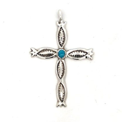 925 Sterling Silver Vintage Native American Old Pawn Turquoise Cross Pendant
