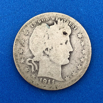 1911 D Silver Barber Quarter Better Key Date Denver Coin Rare Scarce