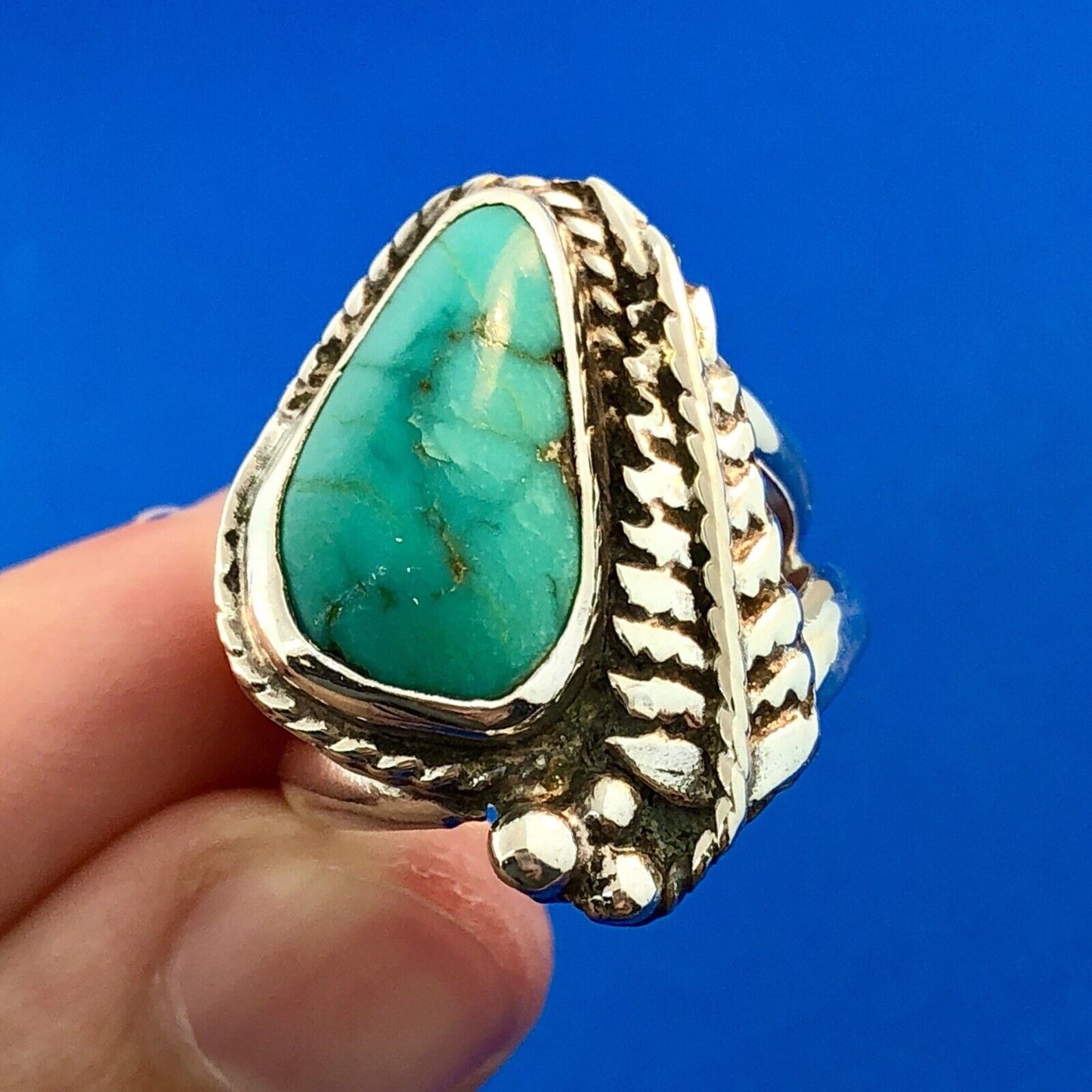 Vintage Native American DB Sterling Silver 925 Turquoise Feather Chunky Ring