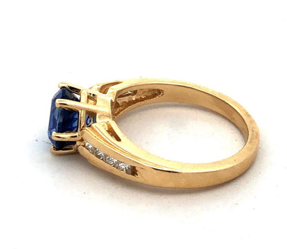 Designer 14K Yellow Gold Round Blue Tanzanite Solitaire Diamond Anniversary Ring