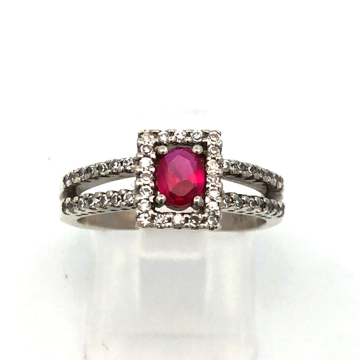 14K White Gold Lab Created Oval Ruby Round Pave Diamond Halo  Ring