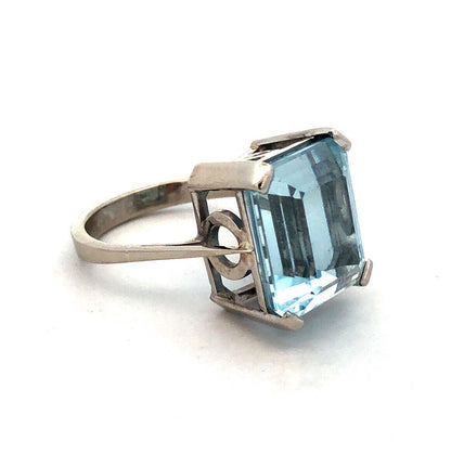14K White Gold Large Emerald Cut Blue Topaz Solitaire Statement Ring