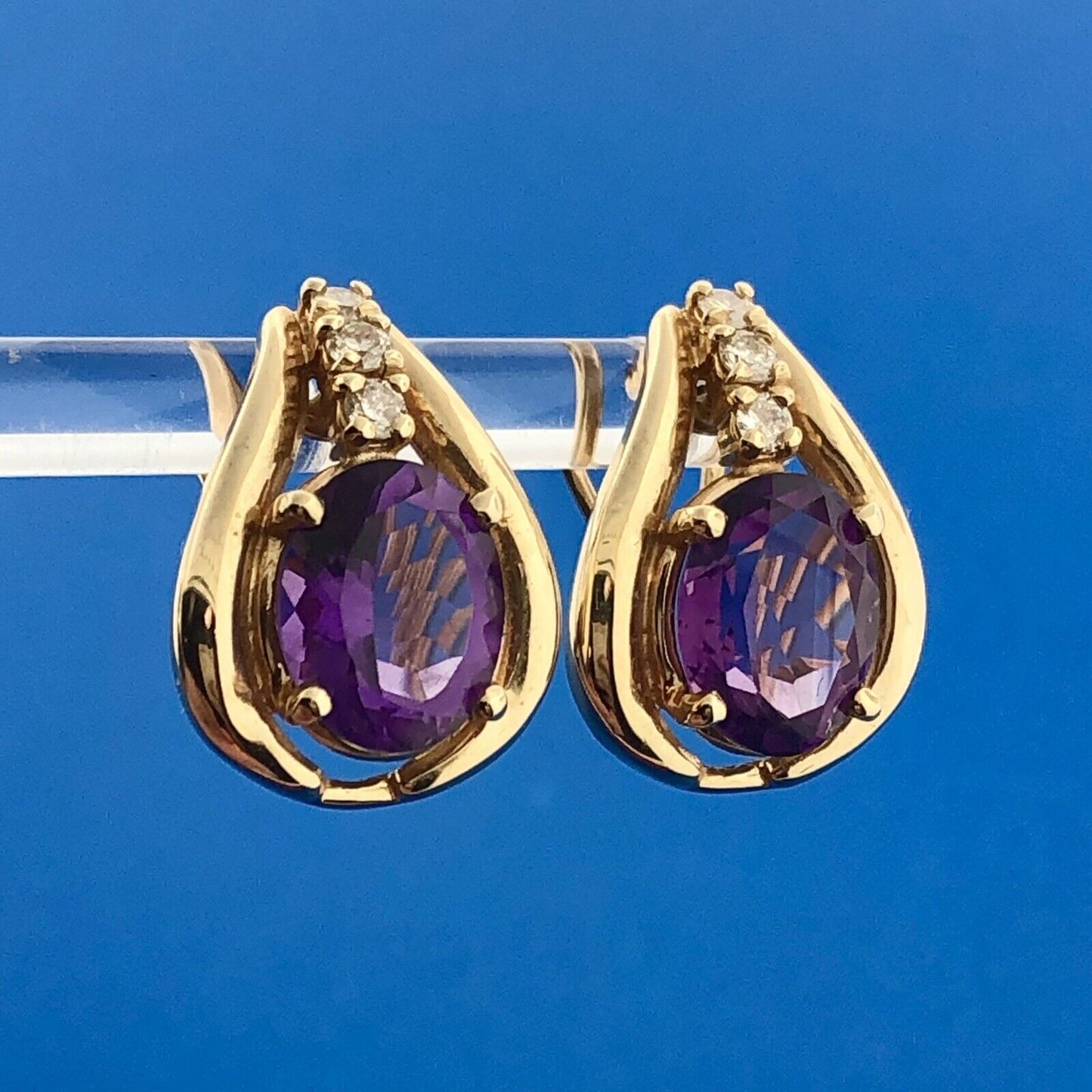 Estate 14K Yellow Gold Oval Amethyst Diamond February Anniversary Omega Earrings