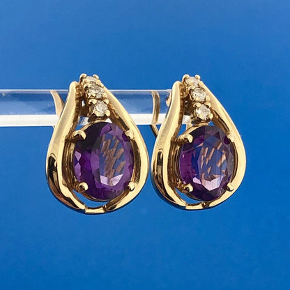 Estate 14K Yellow Gold Oval Amethyst Diamond February Anniversary Omega Earrings