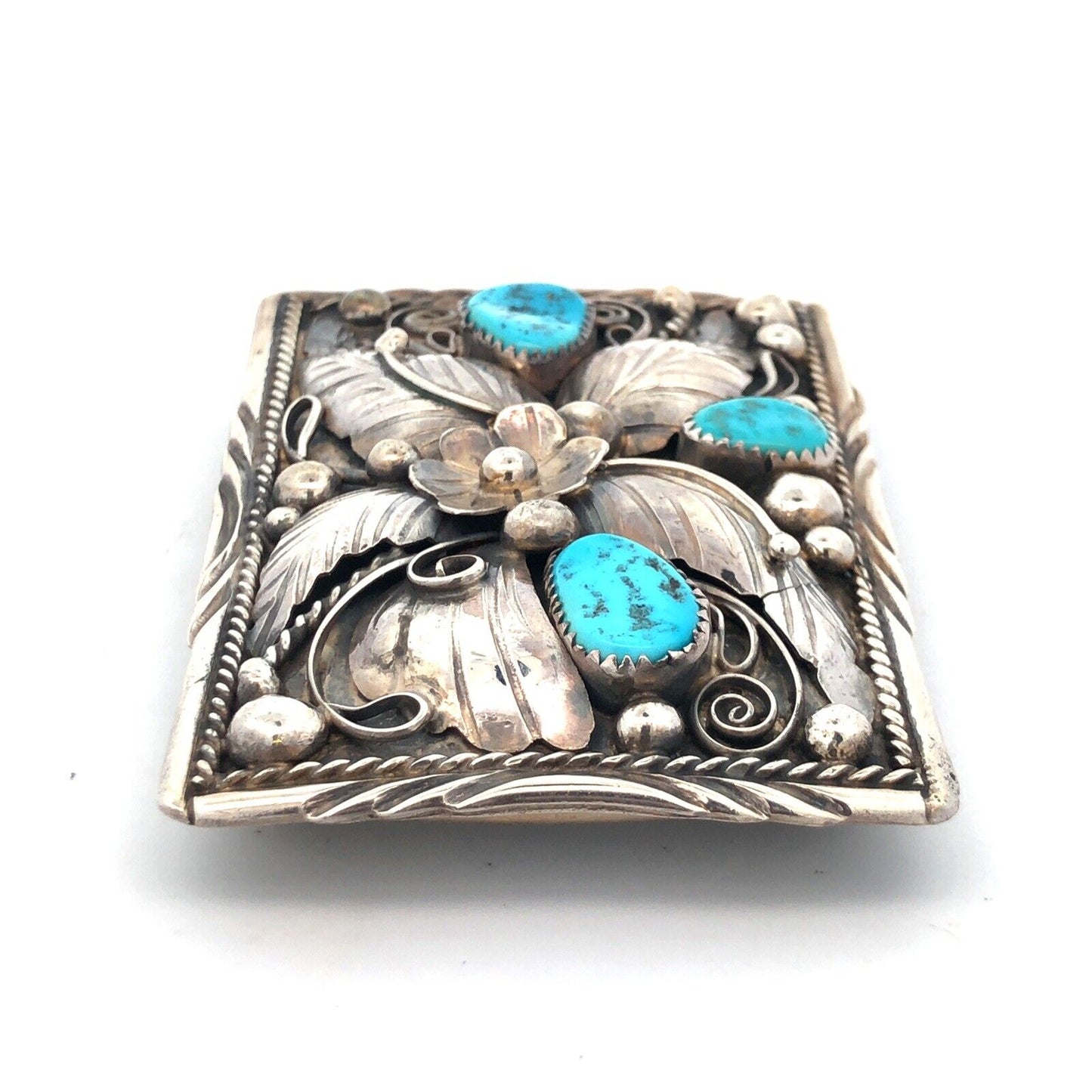 Native American Jameson Lee 925 Sterling Silver Turquoise Floral Belt Buckle