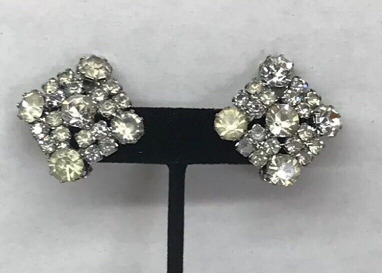 Vintage Signed Weiss Paste Rhinestone Square Shaped Silver Tone Clip Earrings