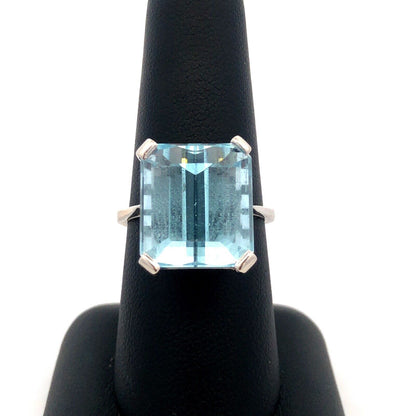 14K White Gold Large Emerald Cut Blue Topaz Solitaire Statement Ring