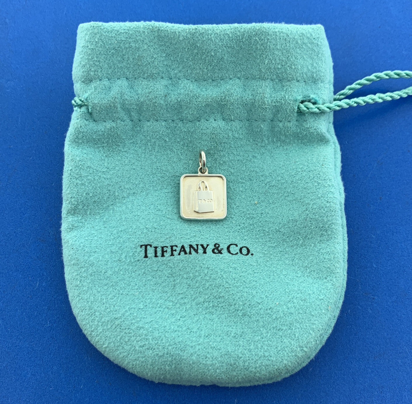 Tiffany & Co 925 Sterling Silver Square Disc T&Co Shopping Bag Charm Pendant