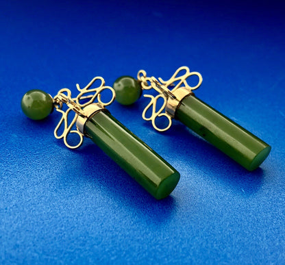 Vintage 14k Yellow Gold Jade Jadeite Modernist Drop Dangle Earrings