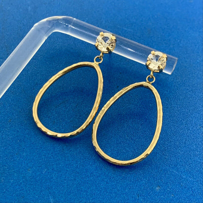 Designer 10K Yellow Gold White Sapphire Hammered Hoop Dangle Stud Earrings