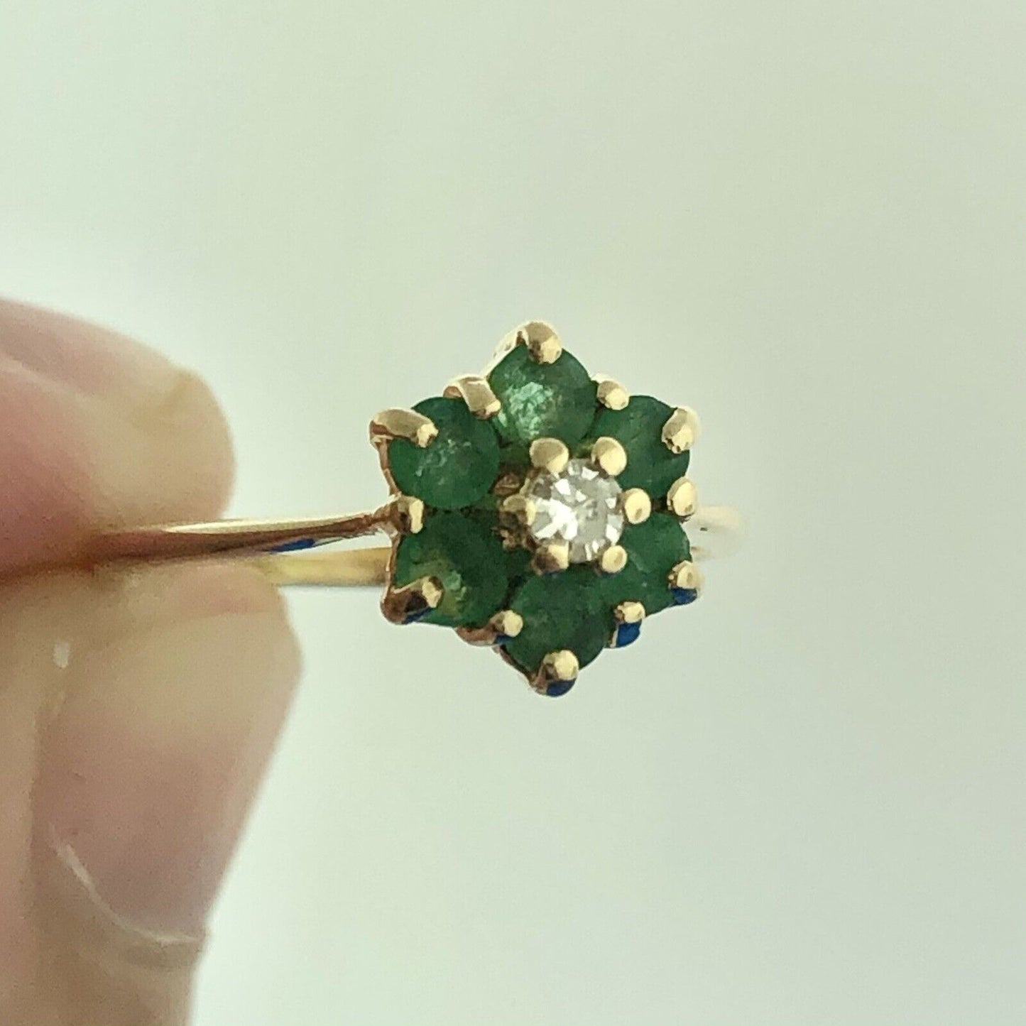 Vintage 14K Yellow Gold Designer Emerald Diamond Cluster May Anniversary Ring