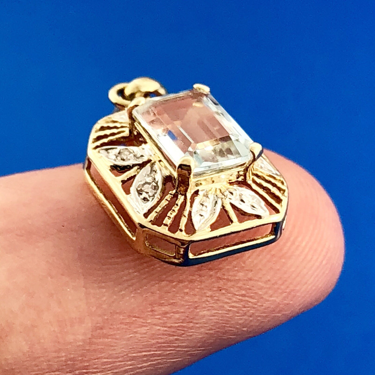 Stunning 10K Yellow White Gold Blue Topaz Diamond Filigree Charm Pendant