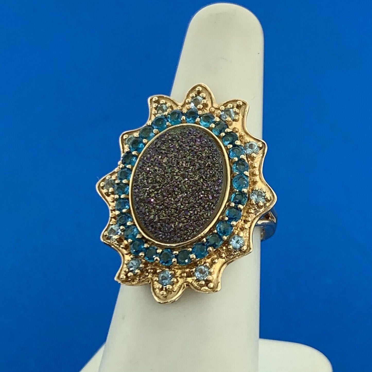 Designer 10K Yellow Gold Drusy Quartz Aquamarine CZ Statement Finger Ring