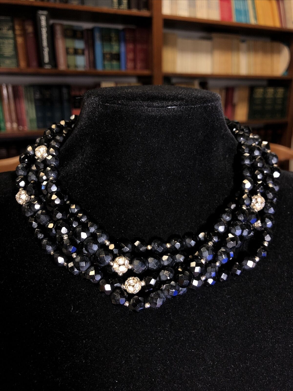 Mid Century Faceted Black Jet Round Rhinestone 6 Strand Layered Collar Necklace