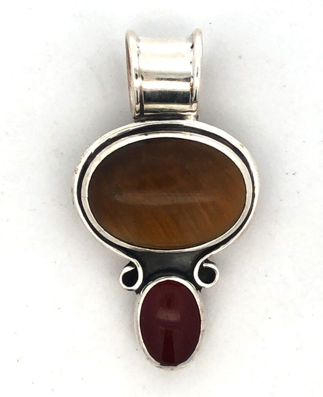Vintage CII Mexico 925 Sterling Silver Oval Tigers Eye Red Carnelian Pendant