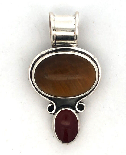 Vintage CII Mexico 925 Sterling Silver Oval Tigers Eye Red Carnelian Pendant