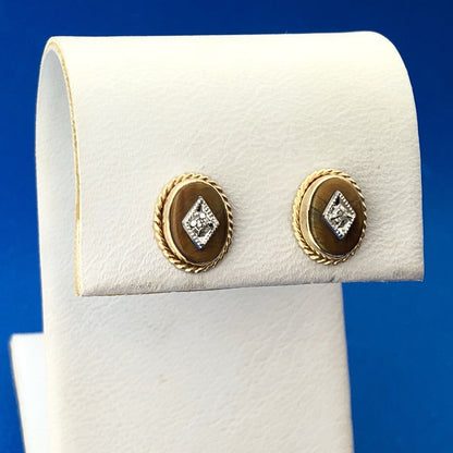 Retro 14K Yellow White Gold Oval Tiger Eye Cabochon Diamond Accent Stud Earrings