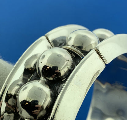 Vintage Taxco 925 Sterling Silver Polka Dot Wide Statement Hinged Cuff Bracelet