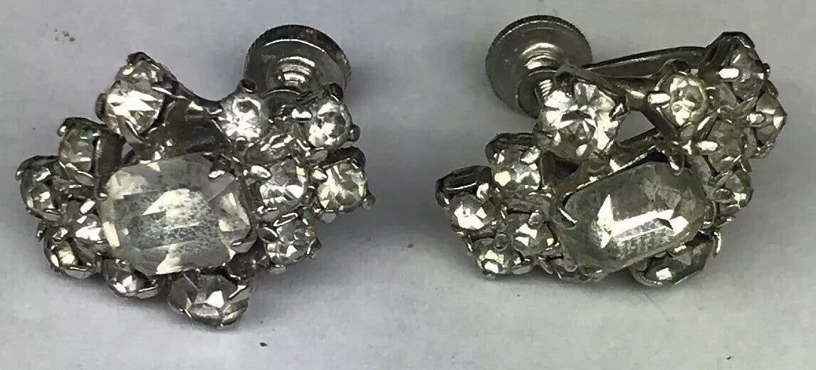 Vintage Art Deco Crystal Rhinestone Half Hoop Screw Back Clip Earrings