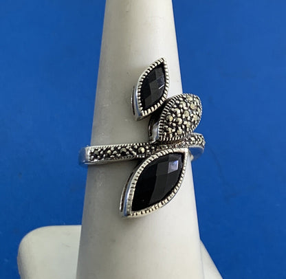 Designer 925 Sterling Silver Faceted Black Onyx Marquise Marcasite Accented Ring