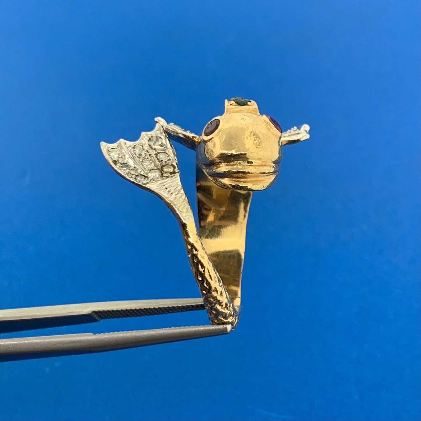 Retro 18K Yellow Wht Gold Diamond Ruby Emerald Textured Koi Fish Statement Ring