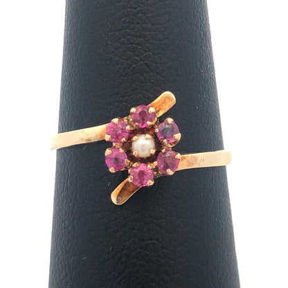 Vintage 14K Yellow Gold Ruby Pearl Flower Cluster July Sweetheart Bypass Ring