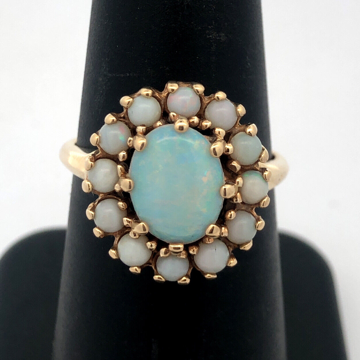 Designer 10K Yellow Gold Oval Opal Cluster Halo Statement Cocktail Ring