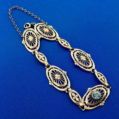 Vintage 10k White Gold Round Cut Blue Topaz Openwork Oval Filigree 7" Bracelet