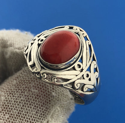 Designer MGC Sterling Silver 925 Oval Red Coral Filigree Scroll Cocktail Ring