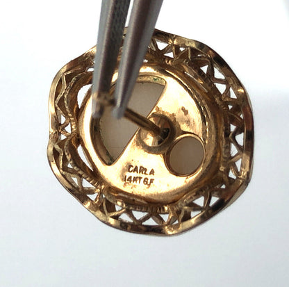 Estate 14K Yellow Gold Filled Oval Pearl Filigree Halo Birds Nest Stud Earrings