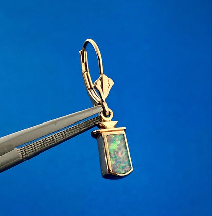Retro Designer 14K Yellow Gold Rectangle Cabochon Opal Dangle LeverBack Earrings