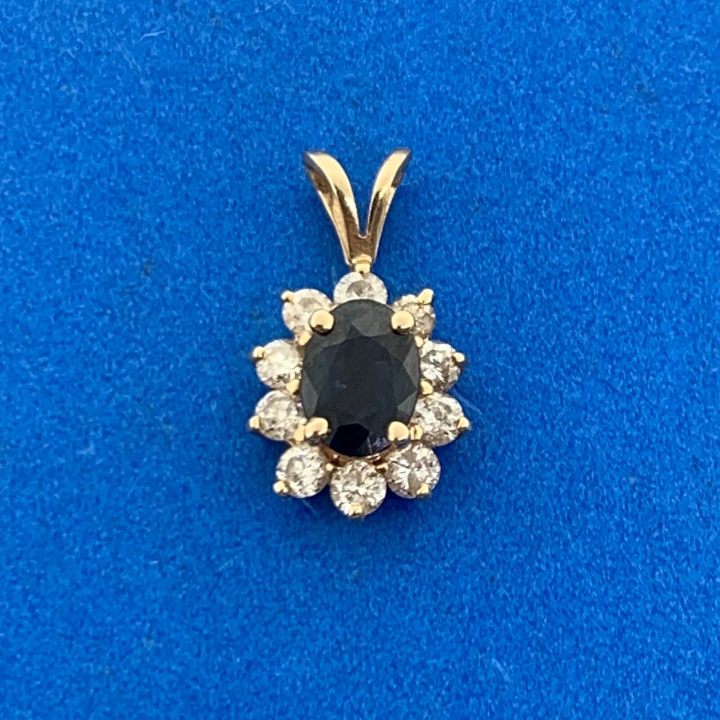 14K Yellow Gold Oval Blue Sapphire Diamond Halo Pendant
