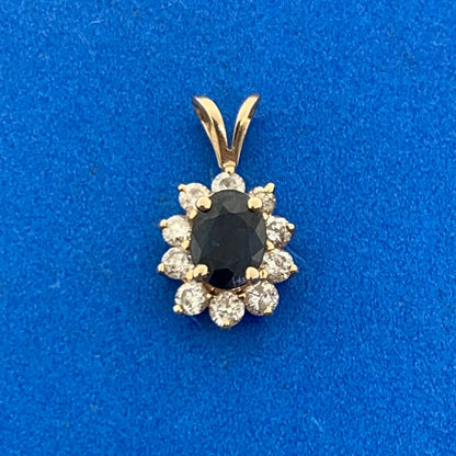 14K Yellow Gold Oval Blue Sapphire Diamond Halo Pendant