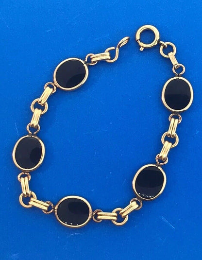 Art Deco 1/20th 12K Gold Filled Oval Black Onyx Cabochon Panel Link Bracelet