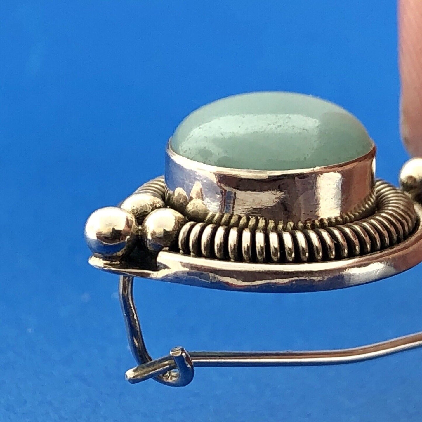 Designer BA Sterling Silver 925 Blue Aventurine Bead Scroll Hook Drop Earrings