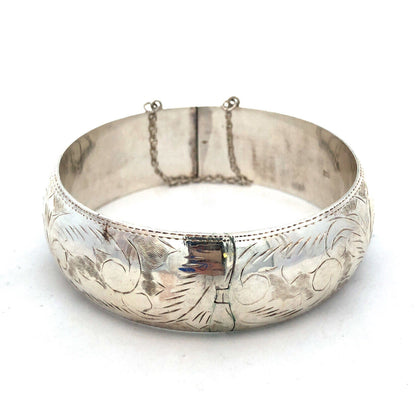 Vintage 925 Sterling Etched Engraved Vine Leaves Nature Hinged Bangle Bracelet