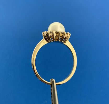 Designer 14K Yellow Gold Pearl Solitaire Diamond Halo June Anniversary Ring