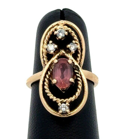 Vintage 14K Yellow Gold Oval Purple Amethyst Diamond Art Deco Ring
